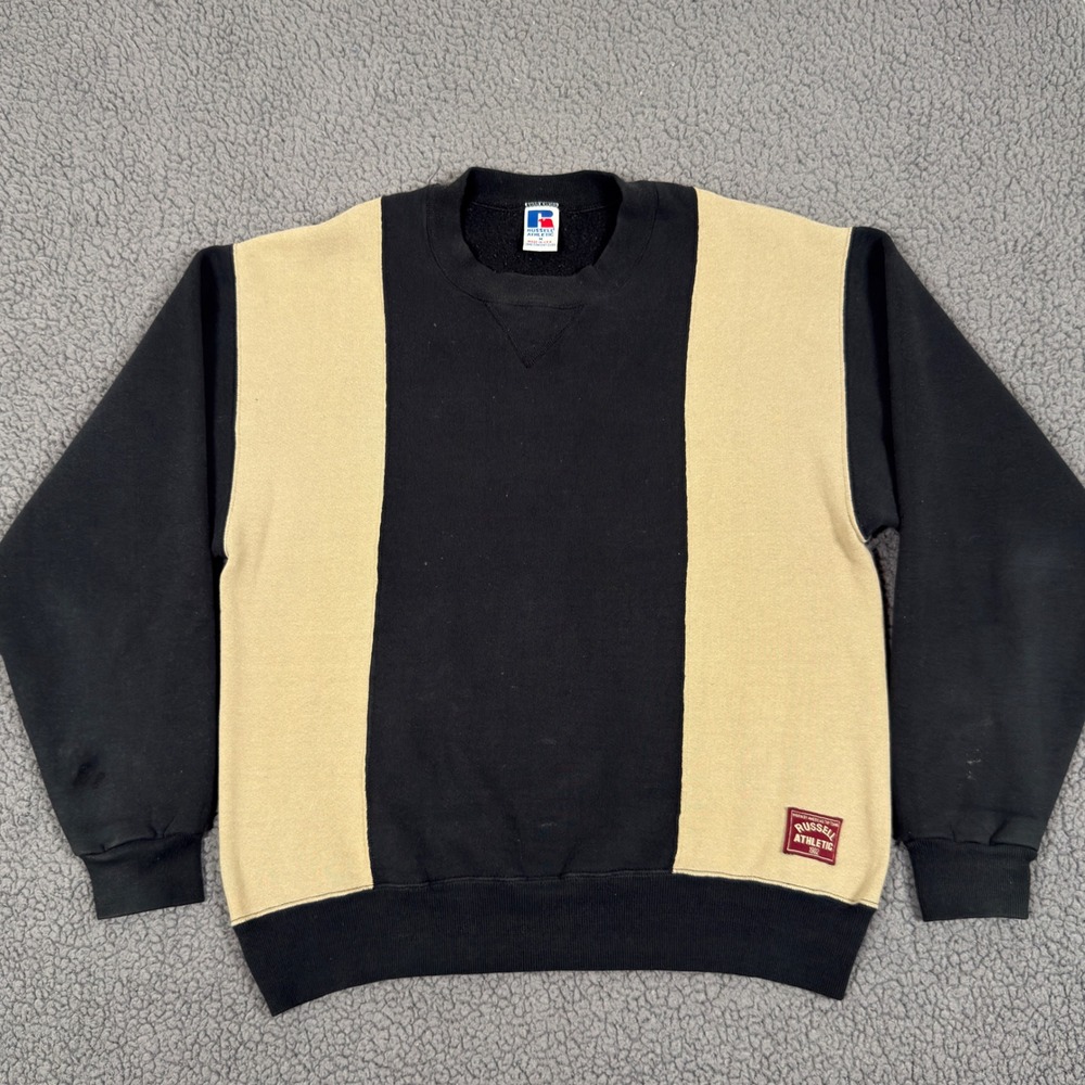 Vintage Russell Athletic Sweatshirt Mens M Black Tan Crewneck Colorblock USA 80s